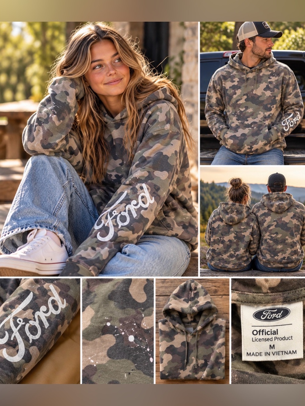 Ford Unisex Camo Hoodie in Green, Tan, Brown